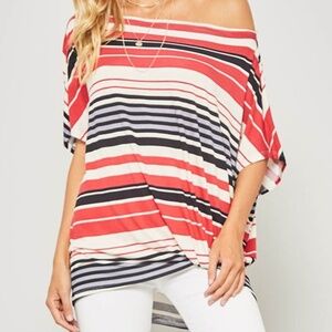 NWT Off Shoulder Striped Dolman Top | Red Black Cream | Casual Chic